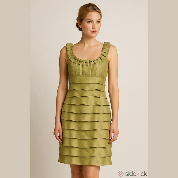 Midi Colomn Dress Olive Green Rufflled Tiered Sleeveless Scoop Neck Stretch - Picture 1 of 7